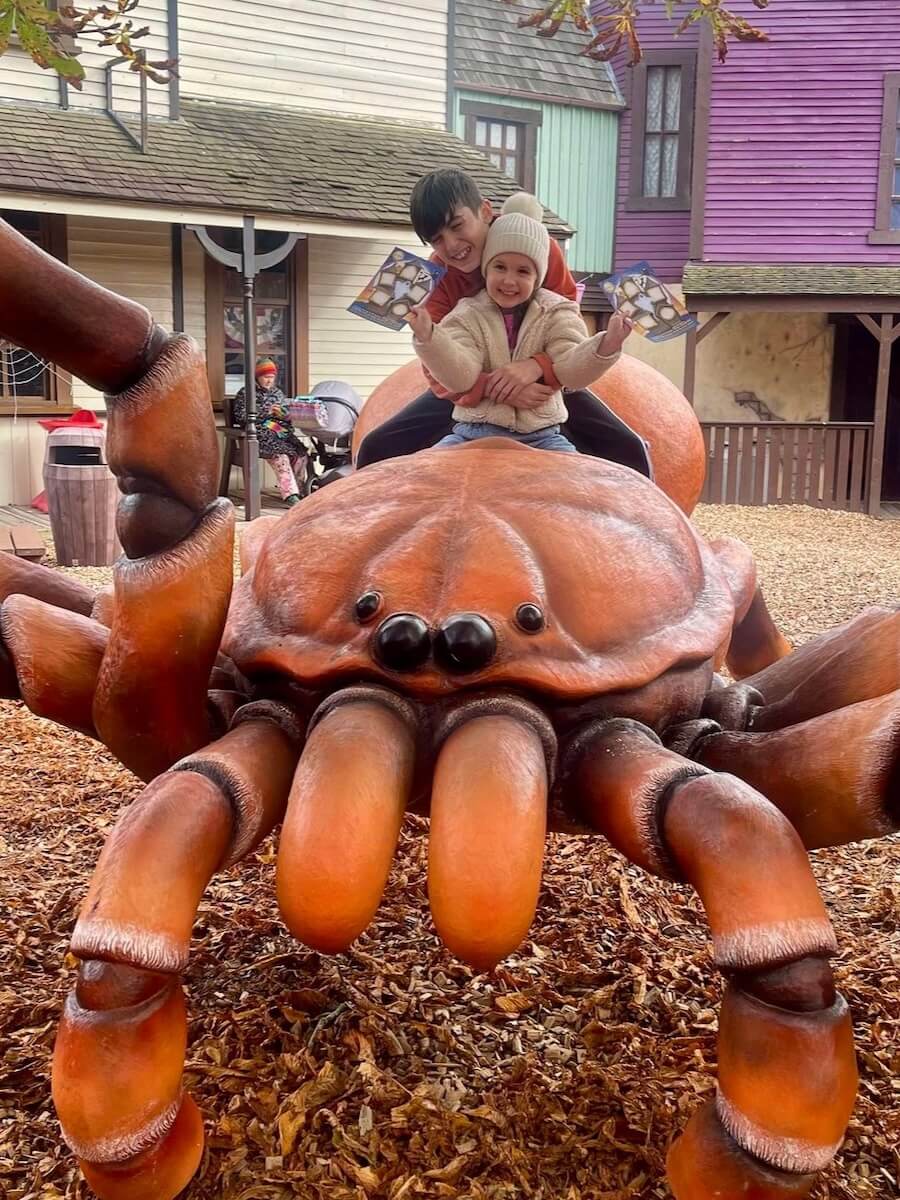 Riding a giant crab at Halloween 2024 at Sundown Adventureland