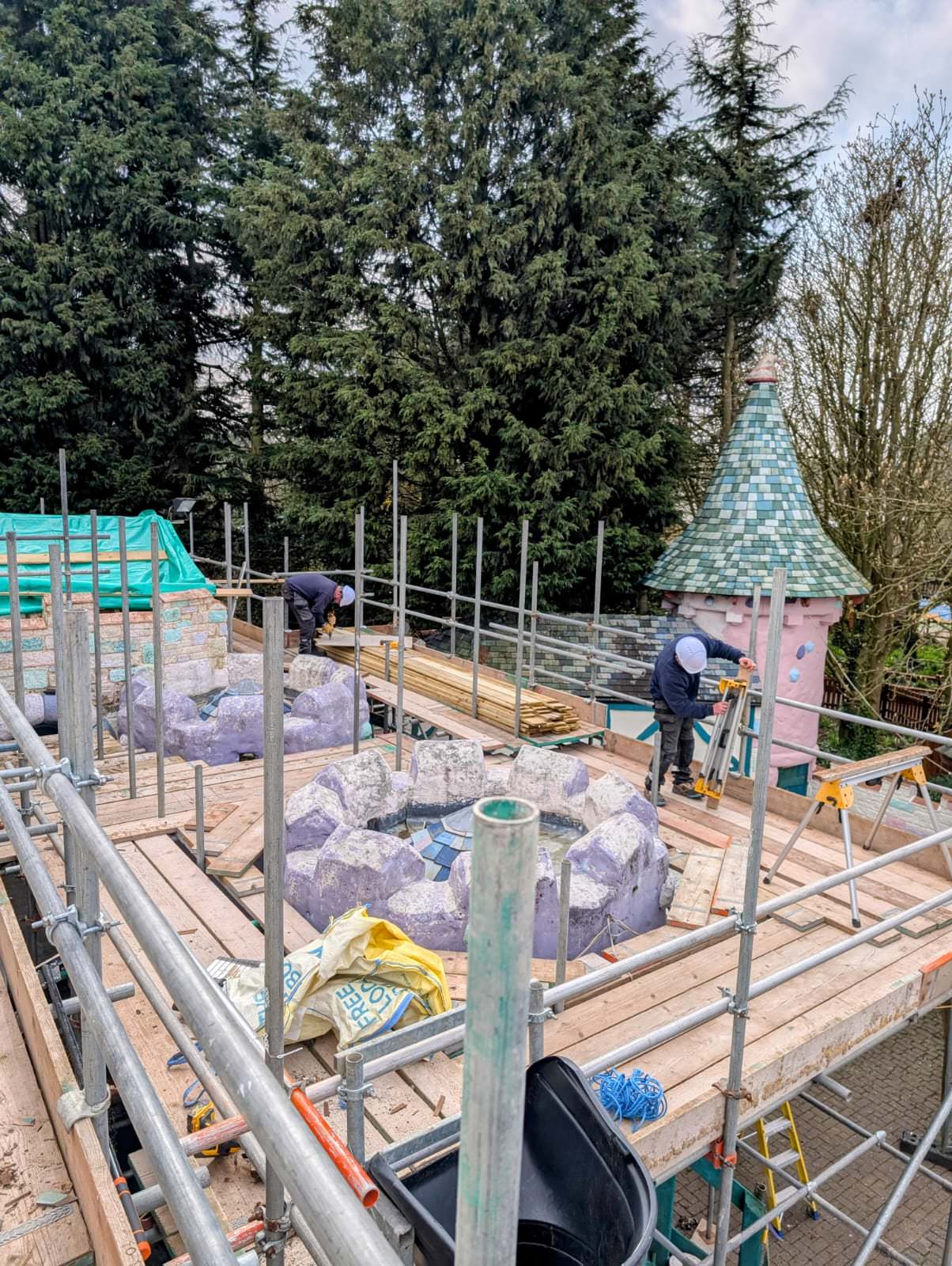 On the scaffold at the Refurbishment of Lollipoppet Castle at Sundown Adventureland is underway 2